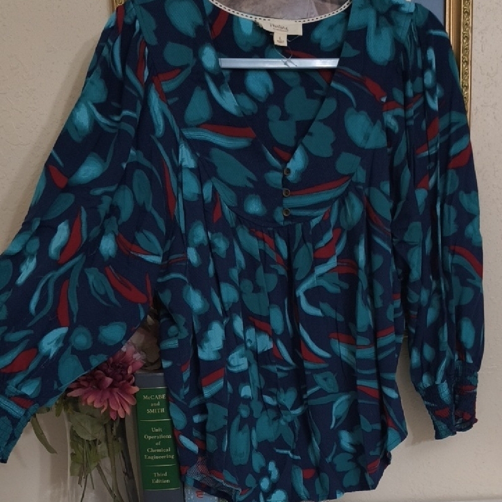 Teal and Red Floral Women's Blouse - Picture 7 of 14